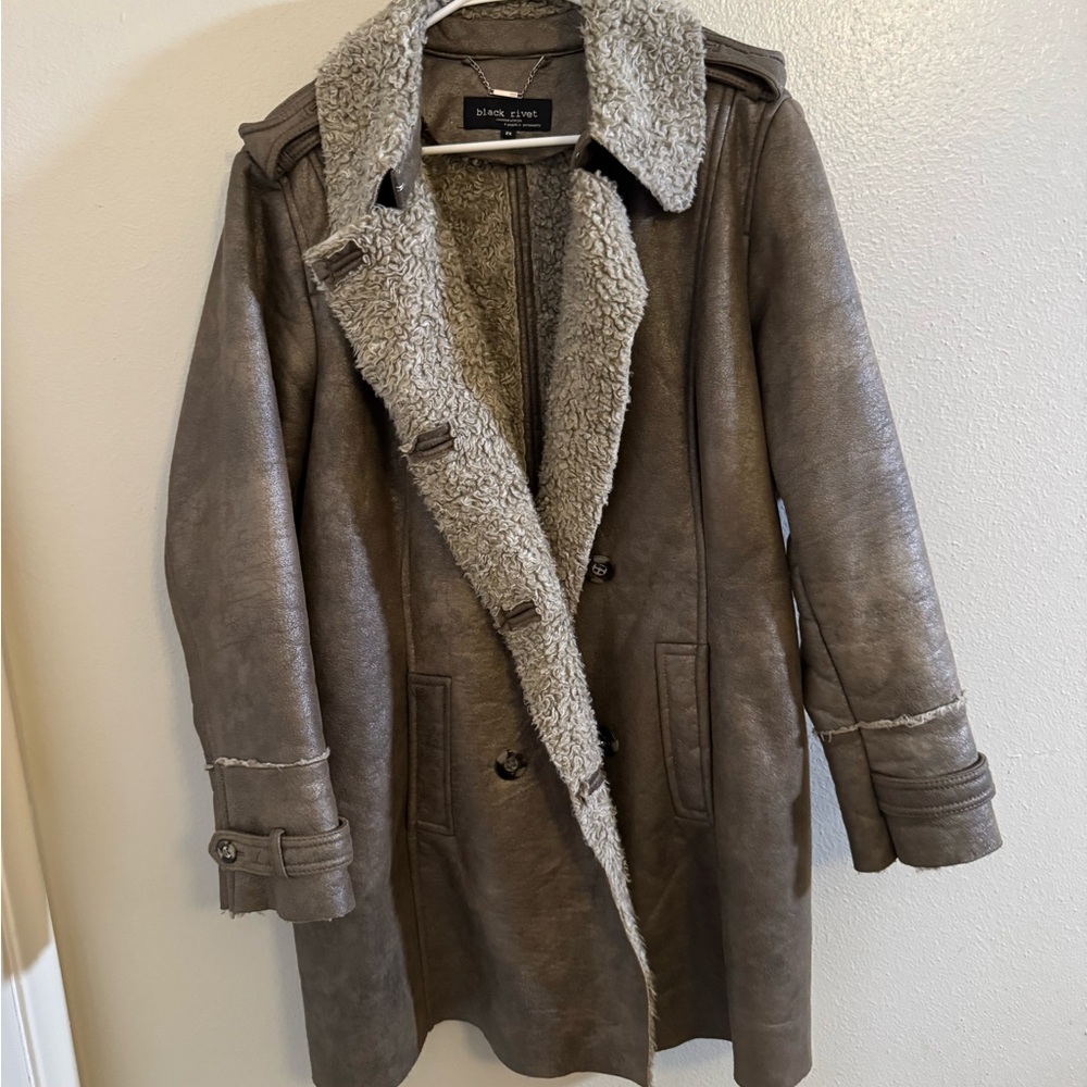 Black Rivet Taupe Faux Shearling-Trim Coat